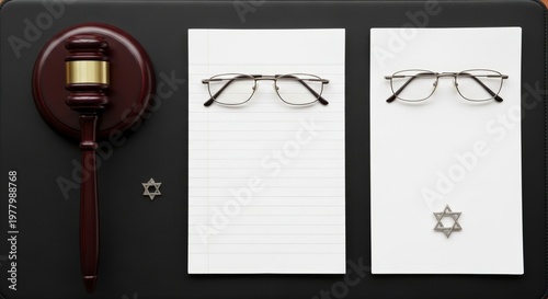 Jewish law court justice gavel glasses.