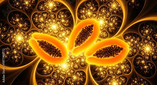 A vibrant and intricate fractal design with golden and black patterns