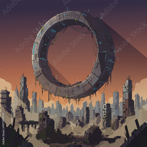 Large Metal Ring Structure in City.