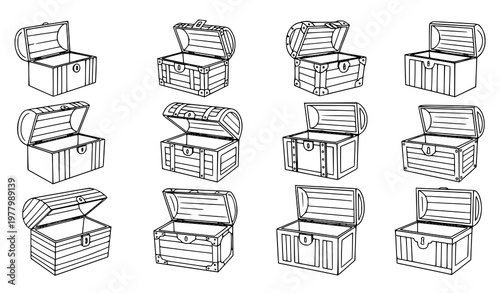 Doodle open treasure chest vector set with empty chests hand drawn outline illustration