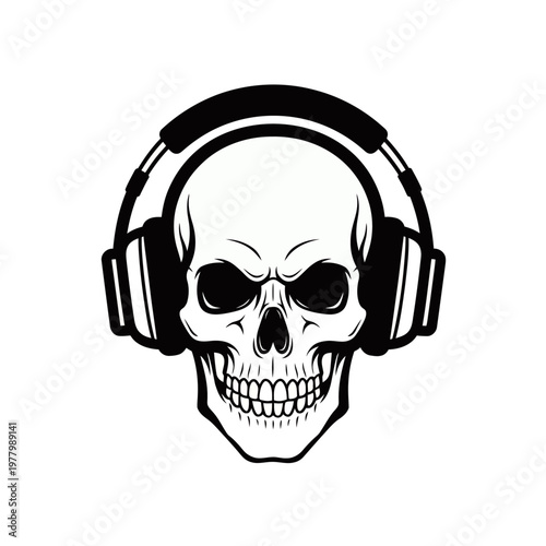 Black and white illustration of a human skull wearing over-ear headphones, facing forward with a menacing expression.