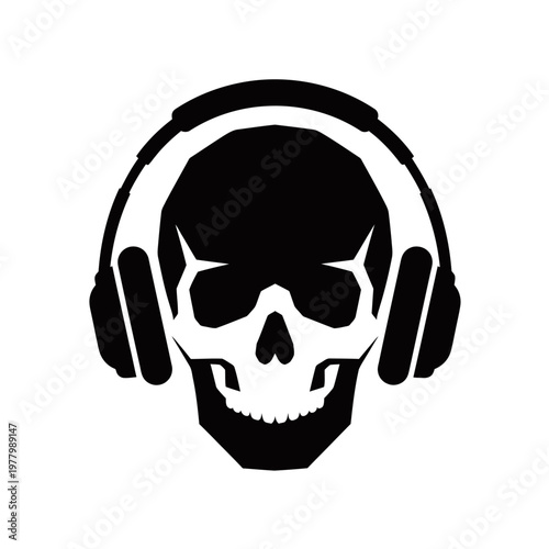 A black and white graphic illustration of a skull wearing headphones, symbolizing music and sound.