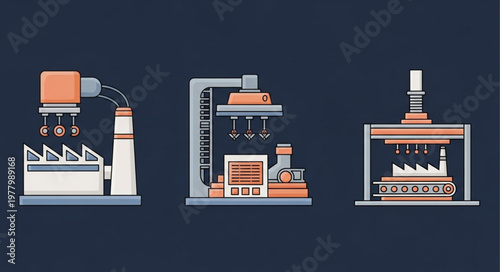 Modern industrial factory machines in a row.