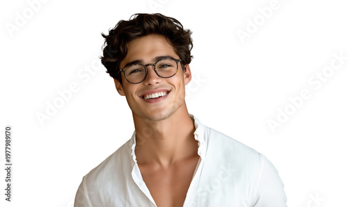 Portrait of a handsome young man smiling and wearing glasses, isolated on transparent background, PNG