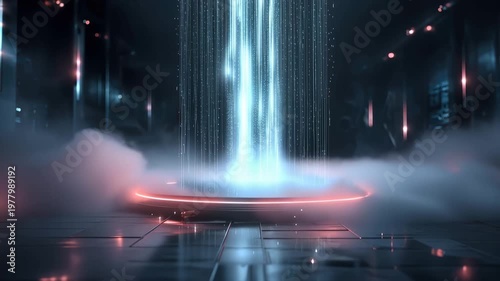 Futuristic holographic beam platform displaying vertical light particles in neon sci-fi laboratory environment
