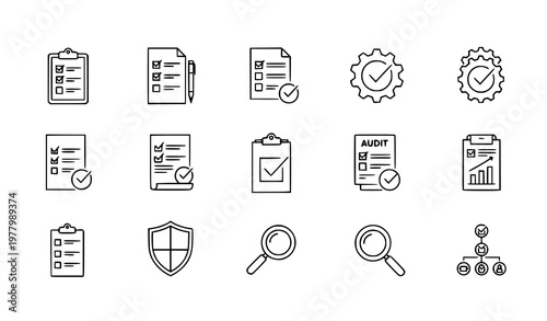 Compliance stroke icon set vector with checklist clipboard document audit and review outline collection