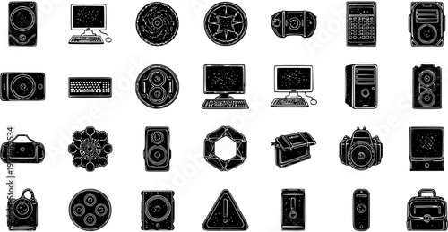 Black and White Technology Electronic Devices Textured Glyph Icons Set. Hand-drawn Computer Hardware, Gadgets, and Digital Symbols for Tech Industry.