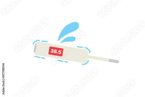 汗と震えのある高熱の電子体温計のデフォルメイラスト