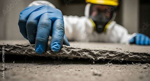 asbestos hazard removal safety inspection a worker in a full protective suit and blue gloves carefully inspects dangerous fibrous building material