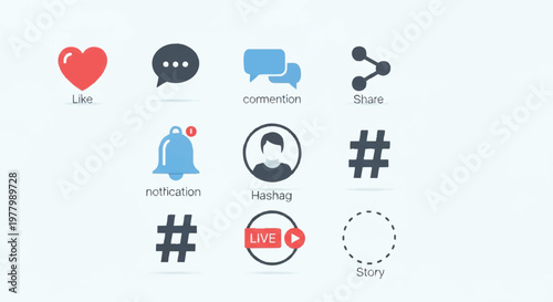 Social media icons and symbols for communication and online interaction on various platforms