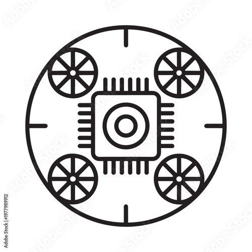 A circular line drawing of a drone with visible internal components
