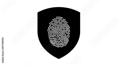 A black shield with a white fingerprint on it represents security.