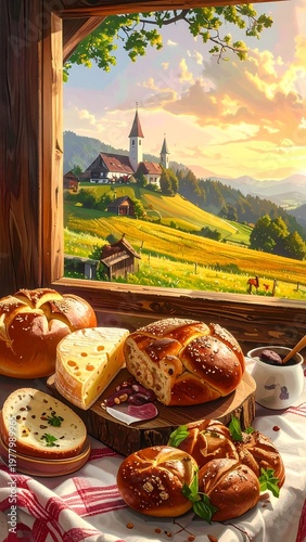 A serene countryside scene with an assortment of breads on a table