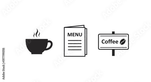 Flat icon set depicting coffee shop elements including a cup menu and sign