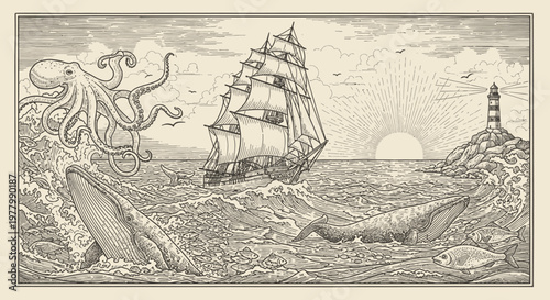 Engraving style illustration of a sailing ship, giant octopus, whales, and lighthouse on a turbulent ocean with a dramatic sunset.