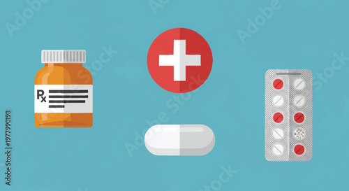 Medical pills and bottle with cross symbol on blue background for healthcare concept