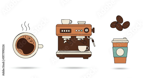 Coffee icons including cup, machine, and take away cup with coffee beans illustration
