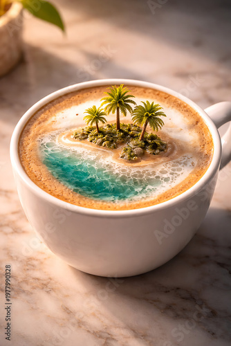 Coffee Cup with Tropical Island Inside Creative Concept