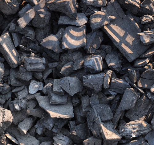 Natural Charcoal Texture Background, Black Charcoal Pieces for Fuel and BBQ