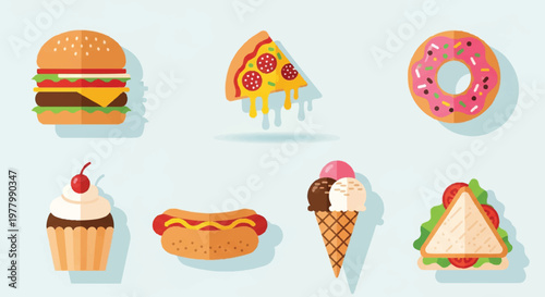 Colorful illustration of various fast food items and sweet treats on a light background
