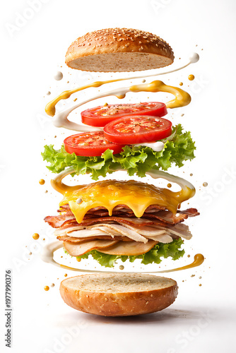 Floating Burger Ingredients Fast Food Creative Concept