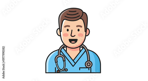 Medical professional, doctor, cartoon character, blue scrubs, stethoscope, smiling face, vector illustration