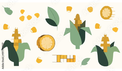 Abstract corn icon set vector with stylized cob and kernel shapes playful agriculture design