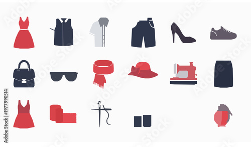 Fashion icon set vector with clothing accessories sewing and beauty items flat minimal collection