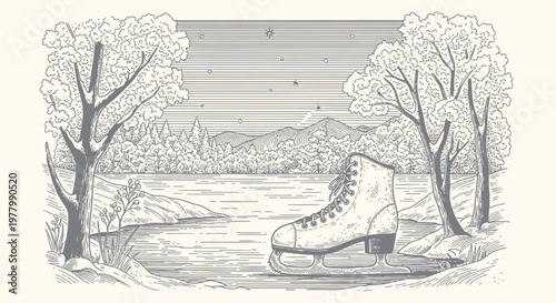 Hand-drawn illustration of a vintage ice skate resting on a frozen lake in a serene winter landscape with snowy trees and mountains