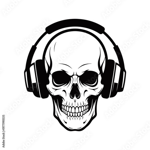 A stark black and white illustration of a human skull wearing large over-ear headphones.