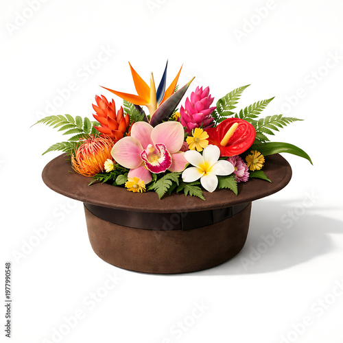 Tropical Flower Arrangement in Hat Minimal Creative Design