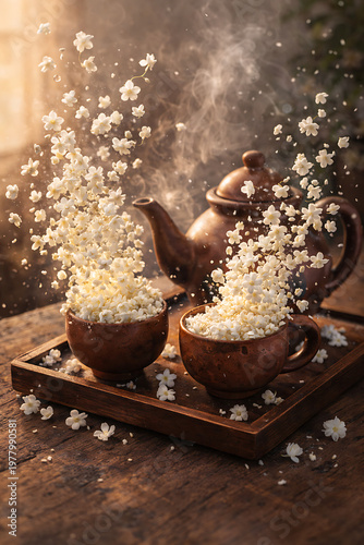 Tea Cups with Floating Particles Creative Beverage Concept