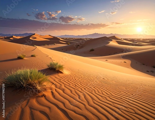 A serene desert landscape at sunset with sand dunes and sparse vegetation (2)