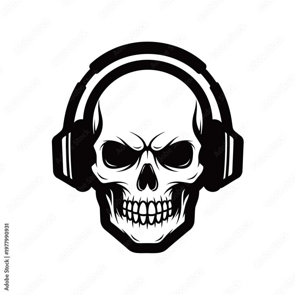 Obraz premium Black and white graphic illustration of an angry skull wearing headphones, depicting a cool and edgy music or gaming theme.