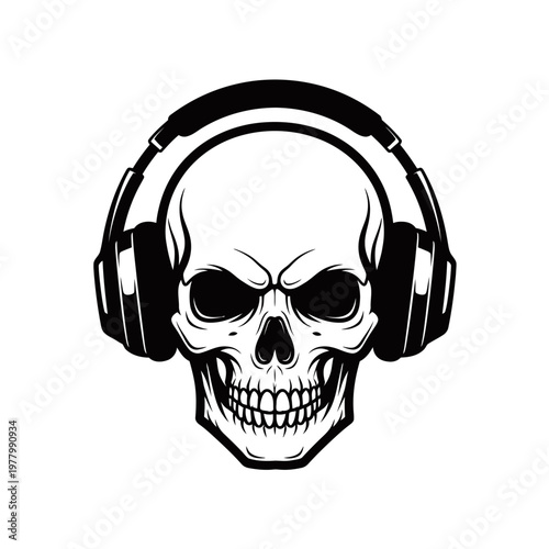 A black and white illustration of a skull wearing large headphones, conveying a sense of music and intensity.