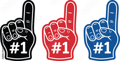 Foam Finger Number One Icon Set, Colorful Hand Symbols in Black, Red, and Blue for Sports Fans, Cheering Accessories, Celebration Events, Party Decorations, and Promotional Design
