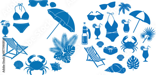 Blue Summer Vacation Icons and Beach Elements Set