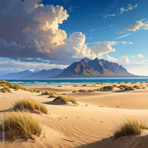 A serene desert landscape by the sea with majestic mountains