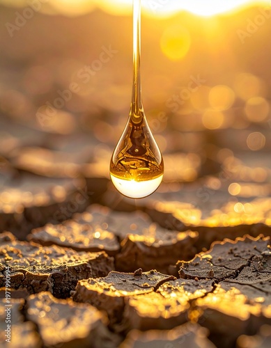 Golden drop of water falling onto cracked dry earth at sunset, symbolizing hope and life in drought conditions.