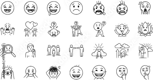 Hand-Drawn Line Art Icons Set: Emotions, Mental Health, Psychology  Human Relationship Concepts. Sketchy Feelings and Emoticon Doodles.