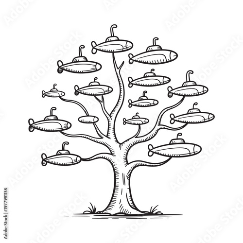 A whimsical tree grows submarines instead of leaves a surreal illustration