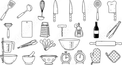 Black and White Line Art Kitchen Utensils Set. Hand Drawn Food and Cooking Tools Collection in Doodle Style for Culinary and Baking Designs.