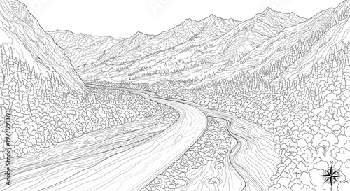 Detailed Line Art Illustration: Winding River through Mountain Valley Landscape with Forest, Rocks, and Compass Rose
