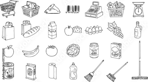 Black  White Line Art Supermarket and Grocery Store Icons Set with Food, Shopping Equipment, and Household Cleaning Supplies Collection