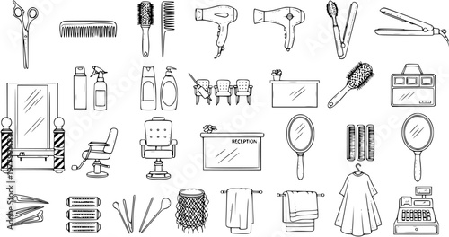 Beauty Salon  Barbershop Equipment Line Art. Hand-drawn Doodle Icons of Hairdresser Tools, Furniture, and Accessories in Black and White Sketch Style.
