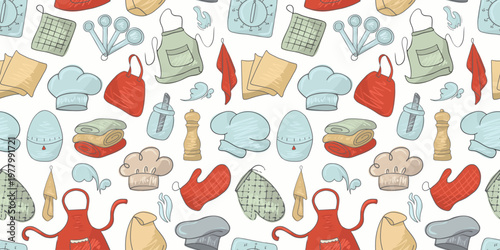 Seamless pattern kitchen stuff cooking essentials with aprons chef hats and measuring tools for food design projects.