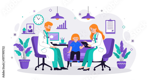Medical professionals consulting, doctor and nurse with patient, healthcare scene, purple office interior, vector illustration