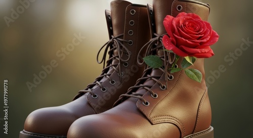 Brown leather boots with red rose.