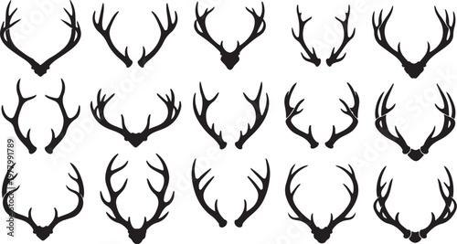 Collection of various deer antler silhouettes on white background