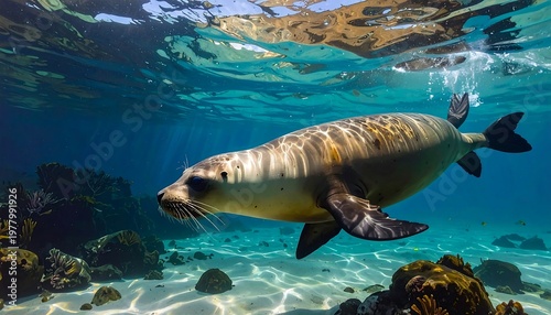 A seal swimming underwater near a coral reef with sunlight filtering through